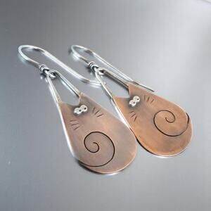 Handcrafted Copper Cat Dangle Earrings Hooks Minimalist Design Vintage Look